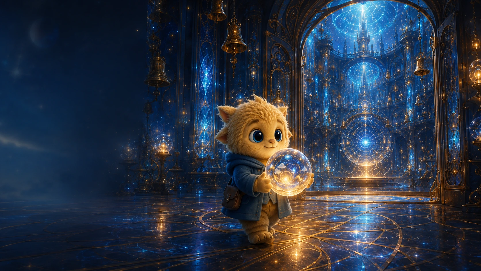 Numi entering The Imagination Hall carrying a Story Sphere
