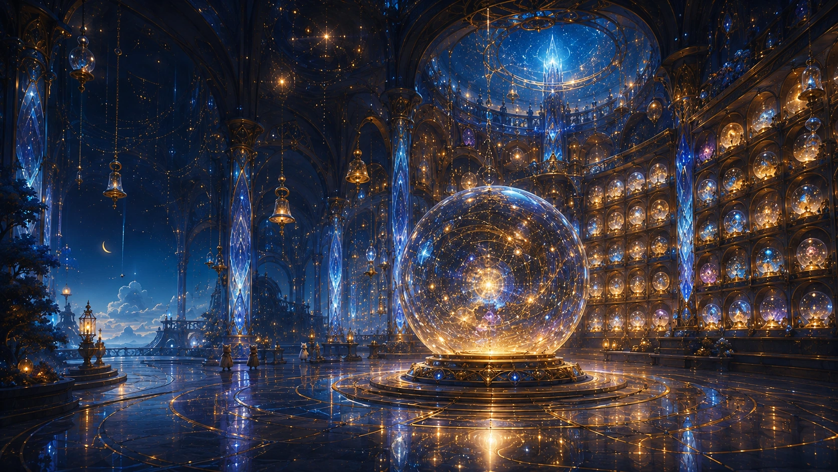 The immense interior of The Imagination Hall, deep blue and warm gold