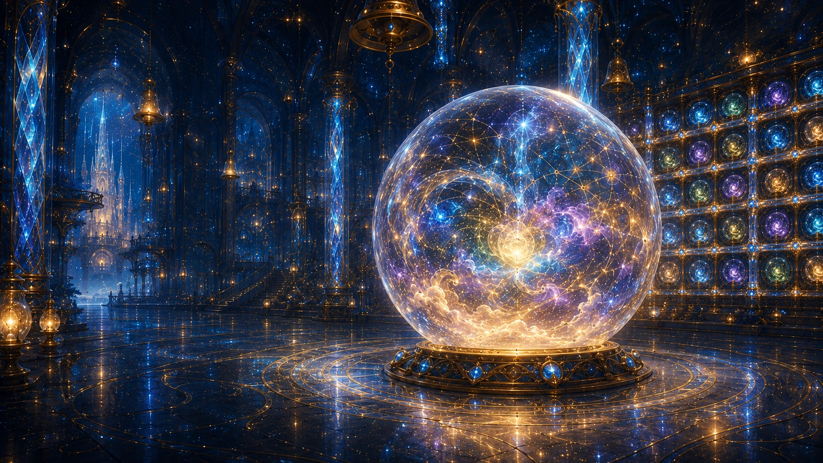 The StoryHeart, a great crystal sphere resting among transparent columns