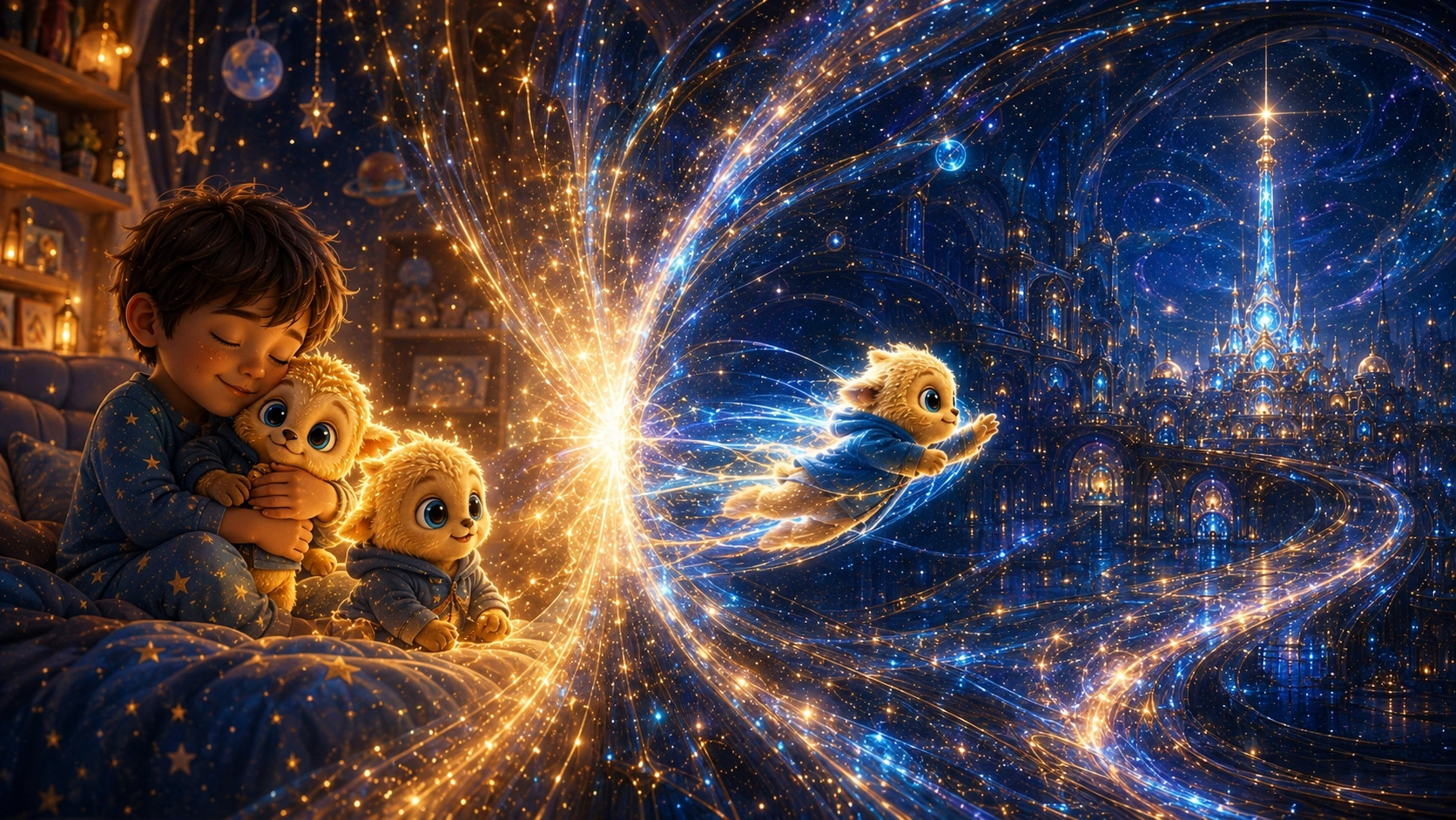 A plushie’s luminous presence crossing toward Tatuki while its earthly presence stays beside the child