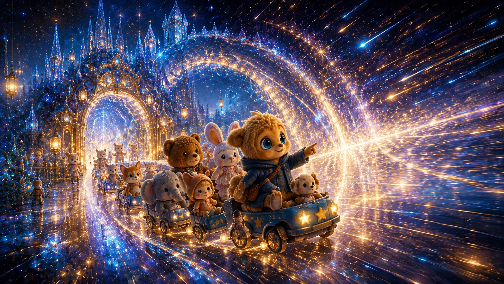 Plushies traveling into Tatuki and arriving in its glowing landscape