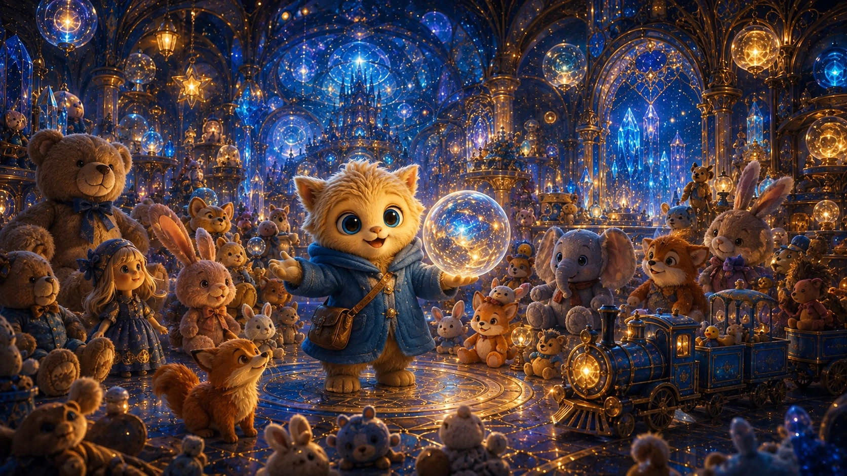 Plushies sharing their happiest memories with Numi in a glowing park